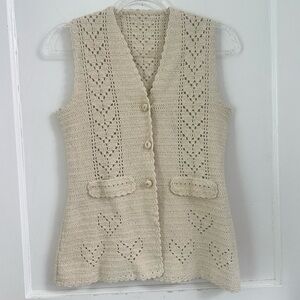 Crochet Heart Cream Boho Button Vest TRENDING Size S